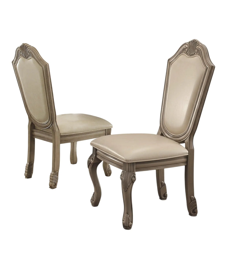 Set of Two Antiqued White Upholstered Faux Leather Dining Side Chairs Homeroots Kitchen & Dining