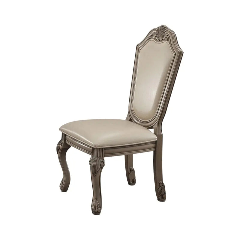 Set of Two Antiqued White Upholstered Faux Leather Dining Side Chairs Homeroots Kitchen & Dining