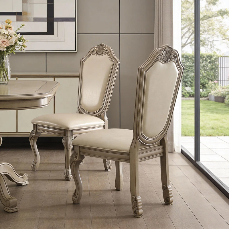 Set of Two Antiqued White Upholstered Faux Leather Dining Side Chairs Homeroots Kitchen & Dining