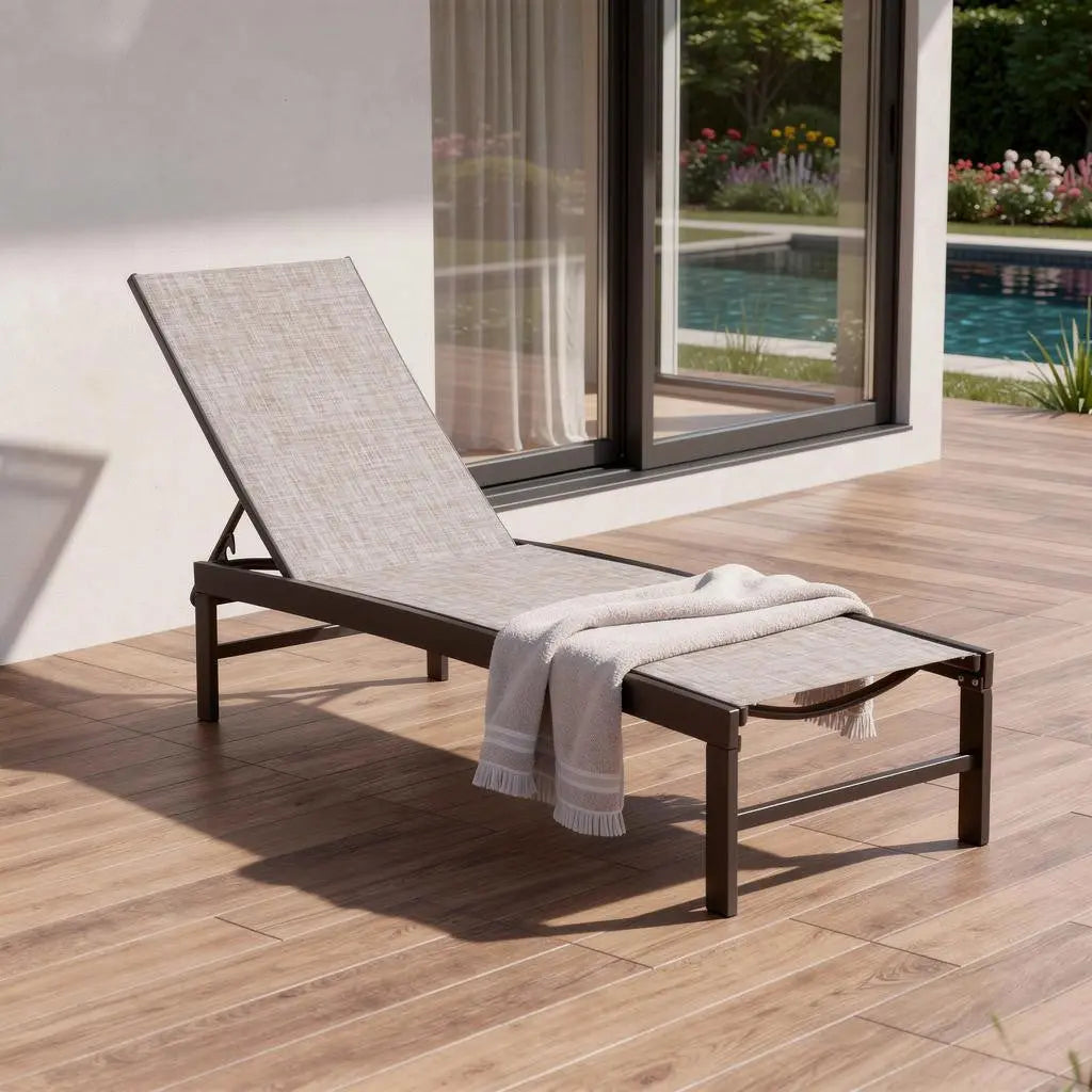 Set of Two Beige Aluminum Five Position Adjustable Outdoor Chaise Lounges Homeroots Outdoor