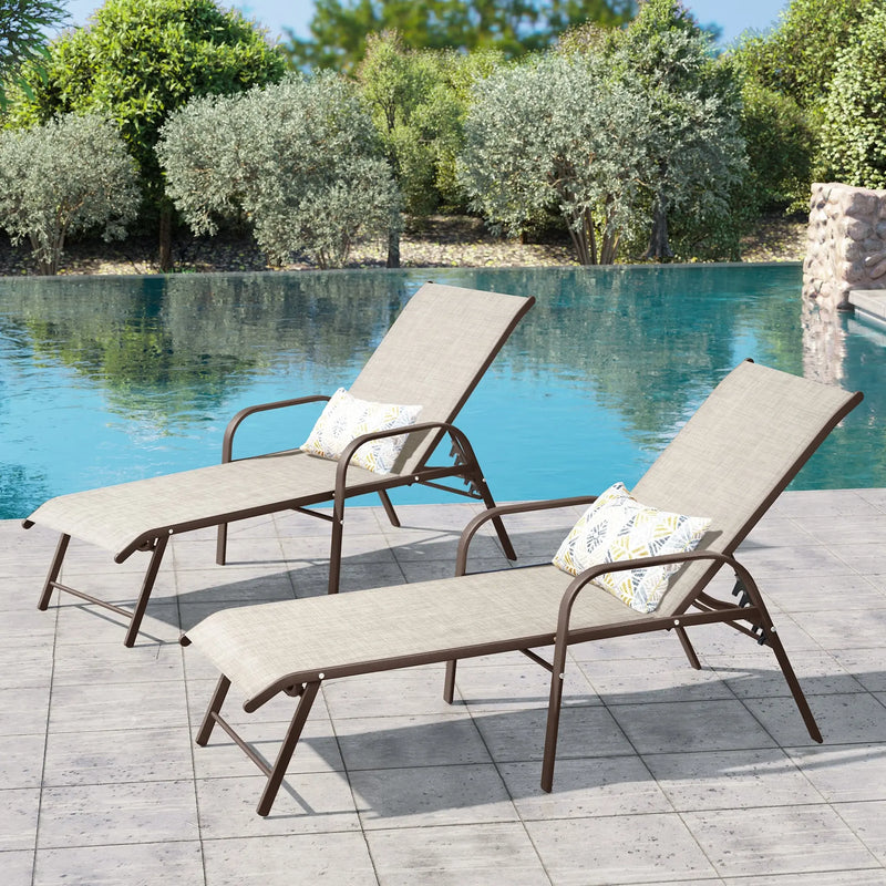 Set of Two Beige Aluminum Six Position Adjustable Outdoor Stacking Chaise Lounges Homeroots Outdoor