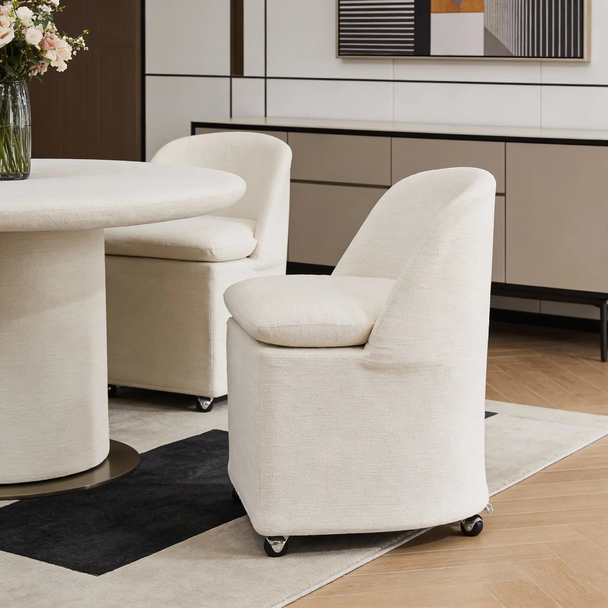Set of Two Beige Chenille Wing Back Dining Chairs With Wheels Homeroots Kitchen & Dining