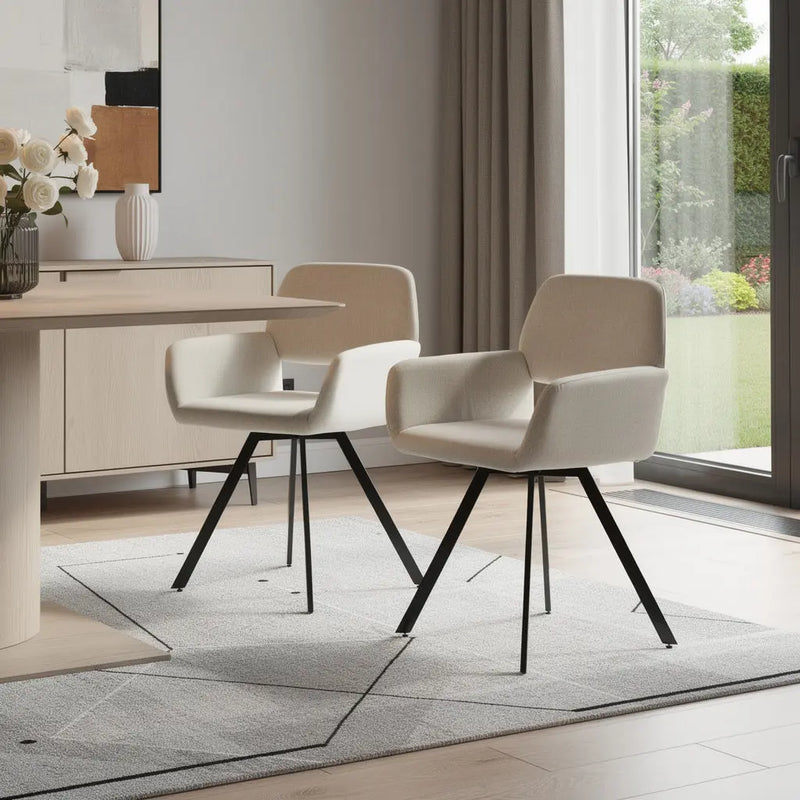 Set of Two Beige and Black Fabric and Steel Dining Arm Chairs Homeroots Kitchen & Dining