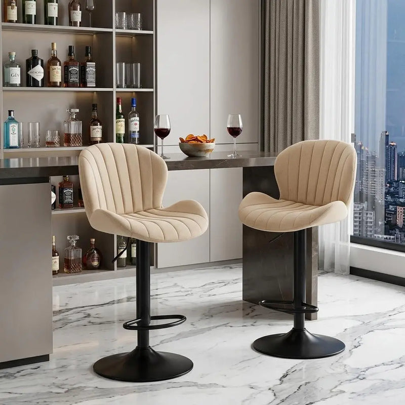 Set of Two Beige and Black Faux Leather and Aluminum Adjustable Height Swivel Bar Chairs Homeroots Living Room