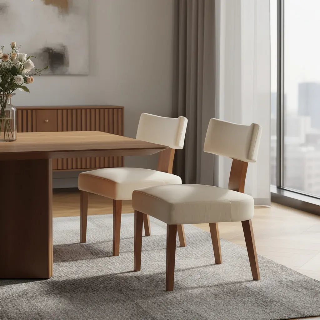 Set of Two Beige and Brown Linen and Solid Wood Dining Side Chairs Homeroots Kitchen & Dining