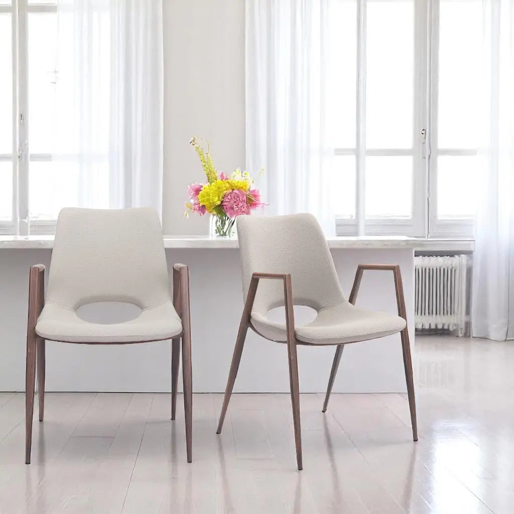 Set of Two Beige and Brown Upholstered Faux Leather Dining Arm Chairs Homeroots Kitchen & Dining