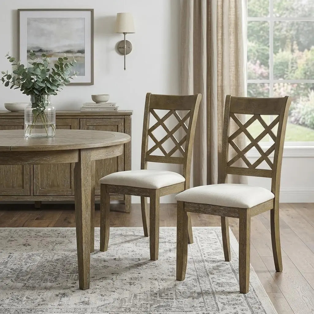Set of Two Beige and Oak Linen Cross Back Dining Side Chairs Homeroots Kitchen & Dining