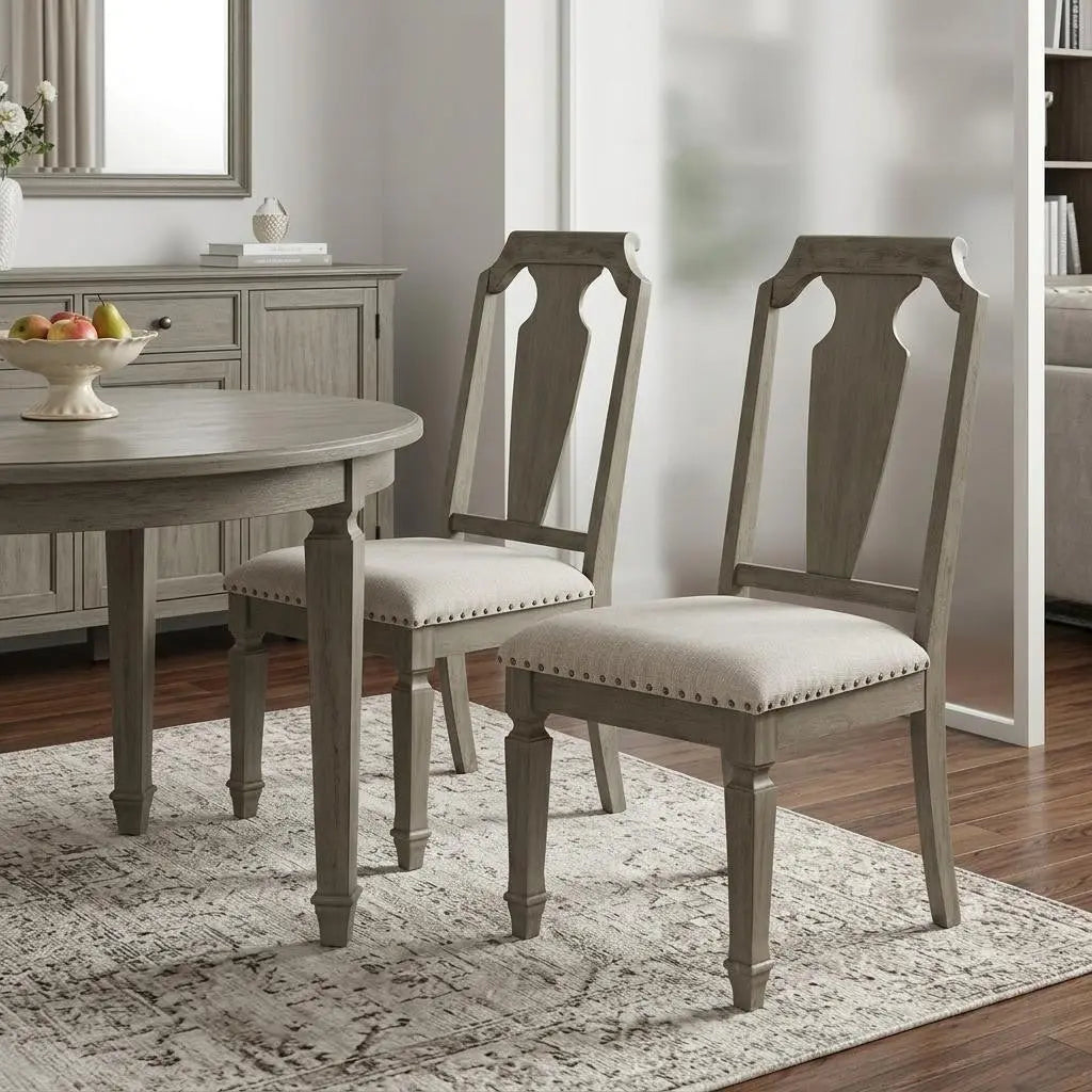 Set of Two Beige and Oak Linen Open Back Dining Side Chairs Homeroots Kitchen & Dining
