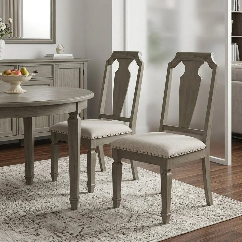 Set of Two Beige and Oak Linen Open Back Dining Side Chairs Homeroots Kitchen & Dining