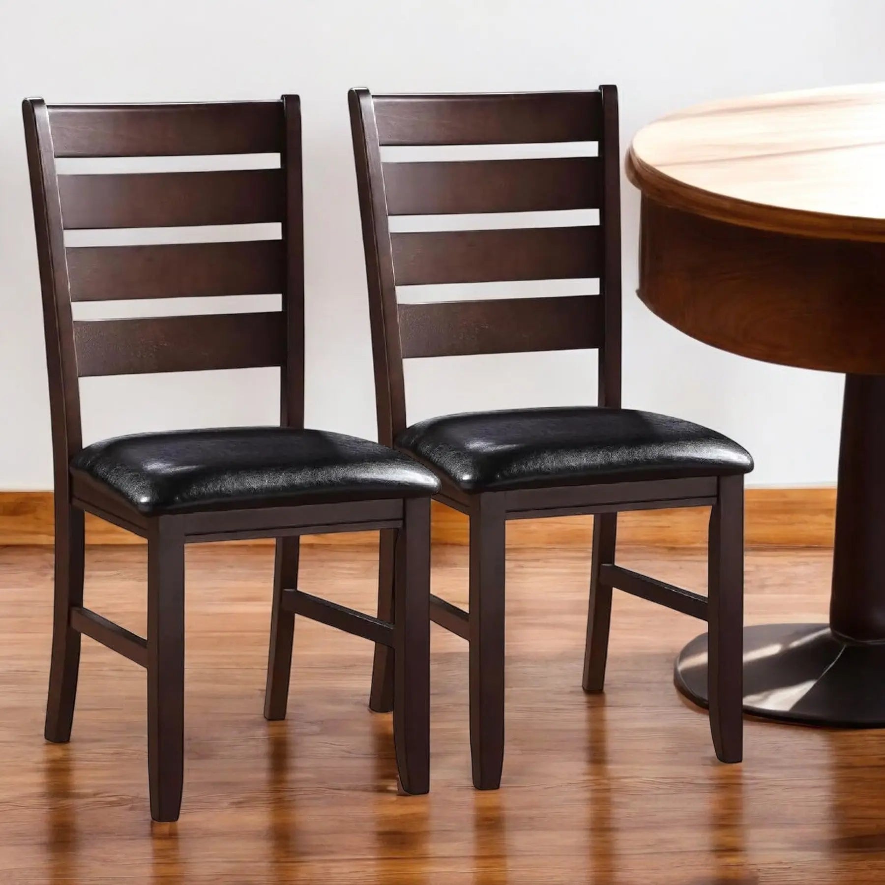 Set of Two Black And Brown Faux Leather Wood Slat Back Dining Side Chairs Homeroots Kitchen & Dining