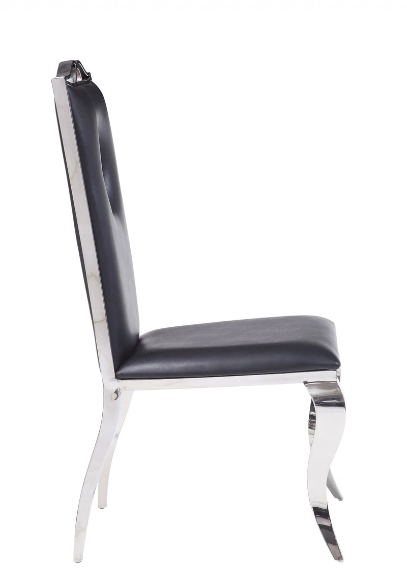 Set of Two Black And Silver Upholstered Faux Leather Dining Side Chairs - GreatEagleInc