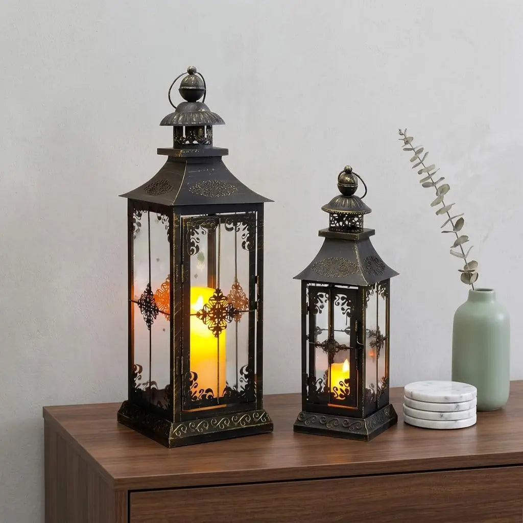 Set of Two Black Distressed Glass Tabletop Lantern Candle Holders Homeroots Home Decor