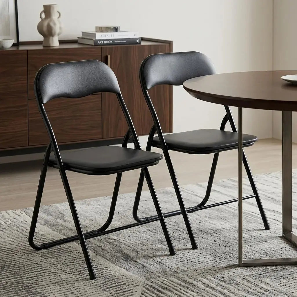 Set of Two Black Faux Leather and Steel Folding Chairs Homeroots Kitchen & Dining