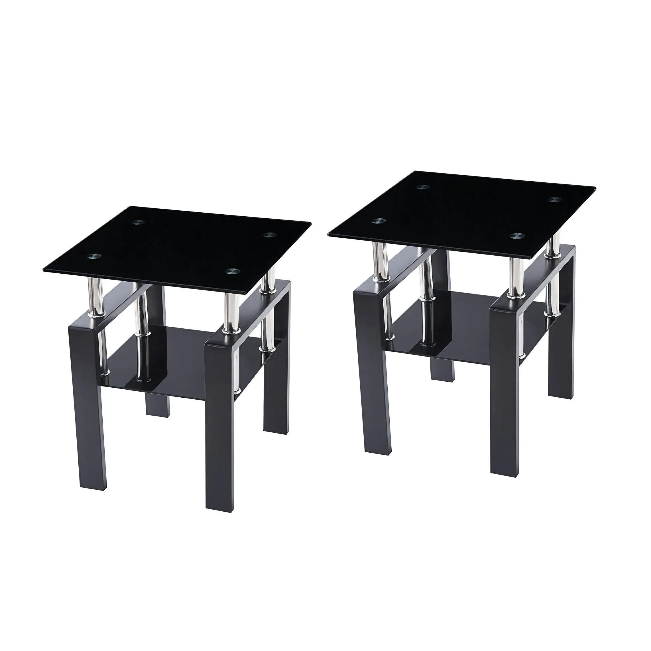 Set of Two Black Glass and Steel Square End Tables With Shelf Homeroots Living Room