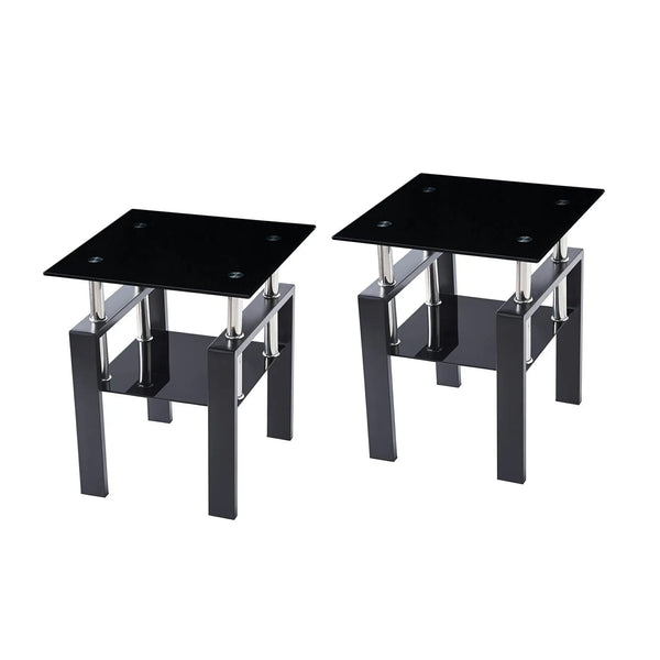 Set of Two Black Glass and Steel Square End Tables With Shelf Homeroots Living Room