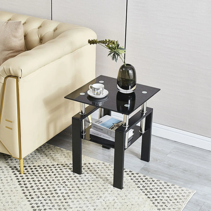 Set of Two Black Glass and Steel Square End Tables With Shelf Homeroots Living Room