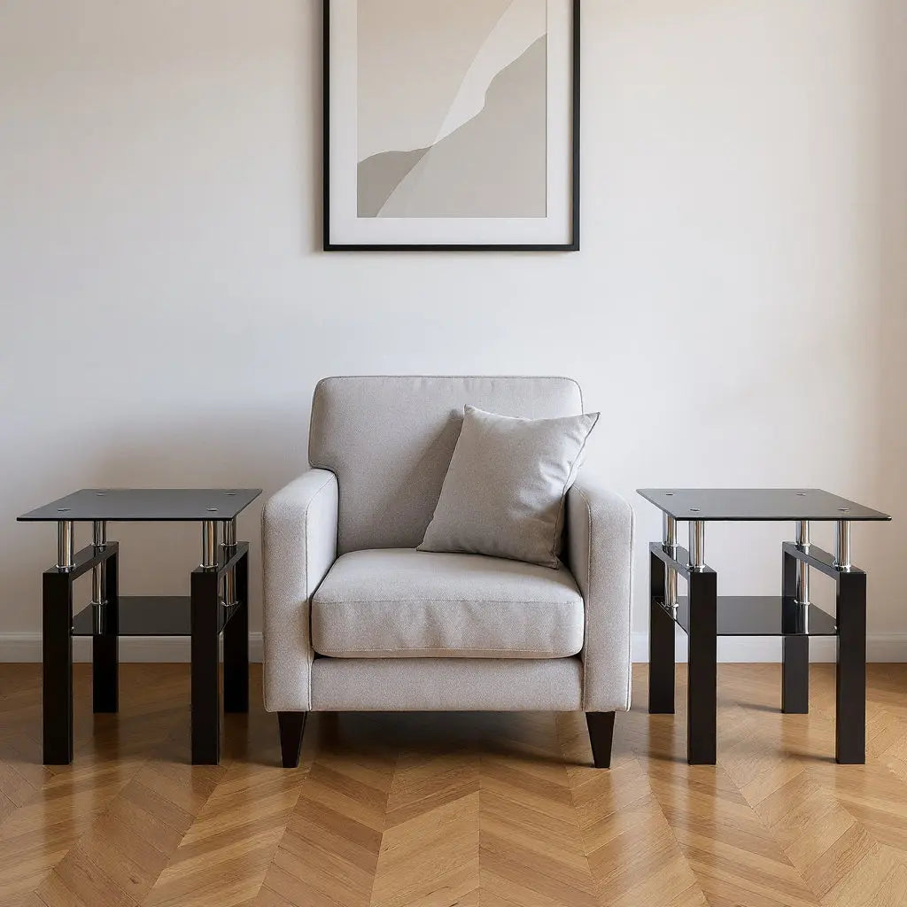 Set of Two Black Glass and Steel Square End Tables With Shelf Homeroots Living Room