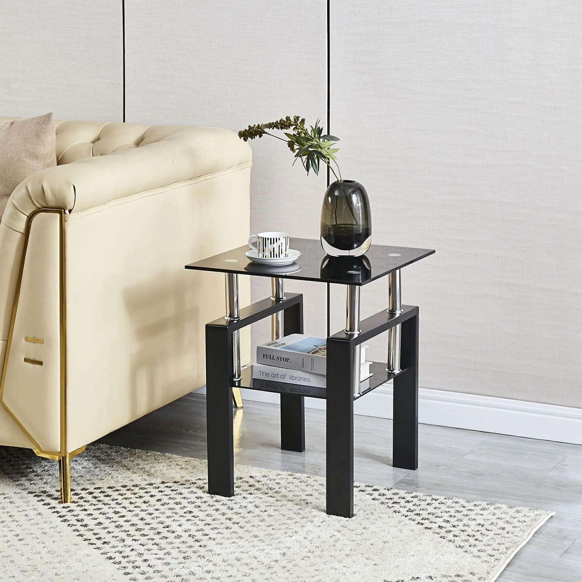 Set of Two Black Glass and Steel Square End Tables With Shelf Homeroots Living Room