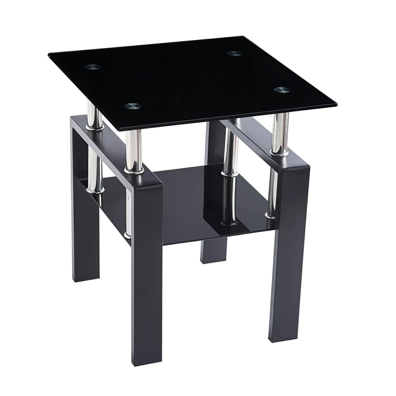 Set of Two Black Glass and Steel Square End Tables With Shelf Homeroots Living Room