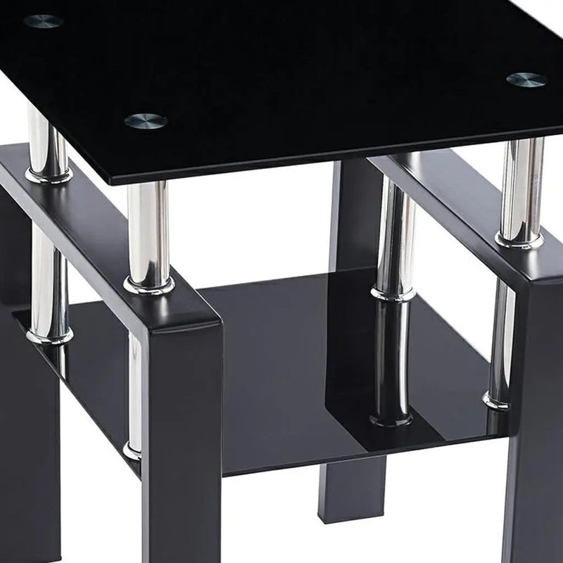 Set of Two Black Glass and Steel Square End Tables With Shelf Homeroots Living Room