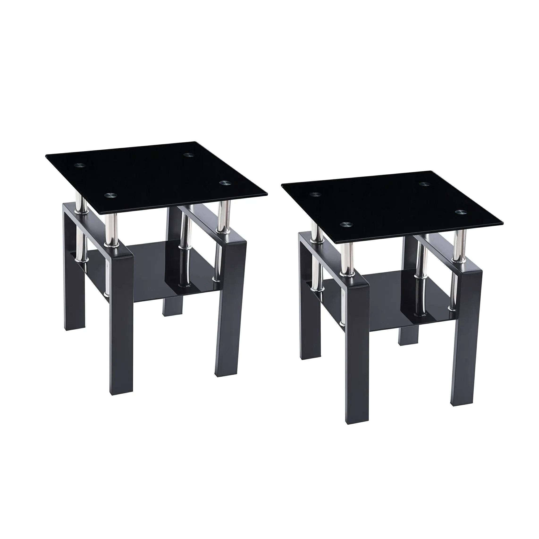 Set of Two Black Glass and Steel Square End Tables With Shelf Homeroots Living Room