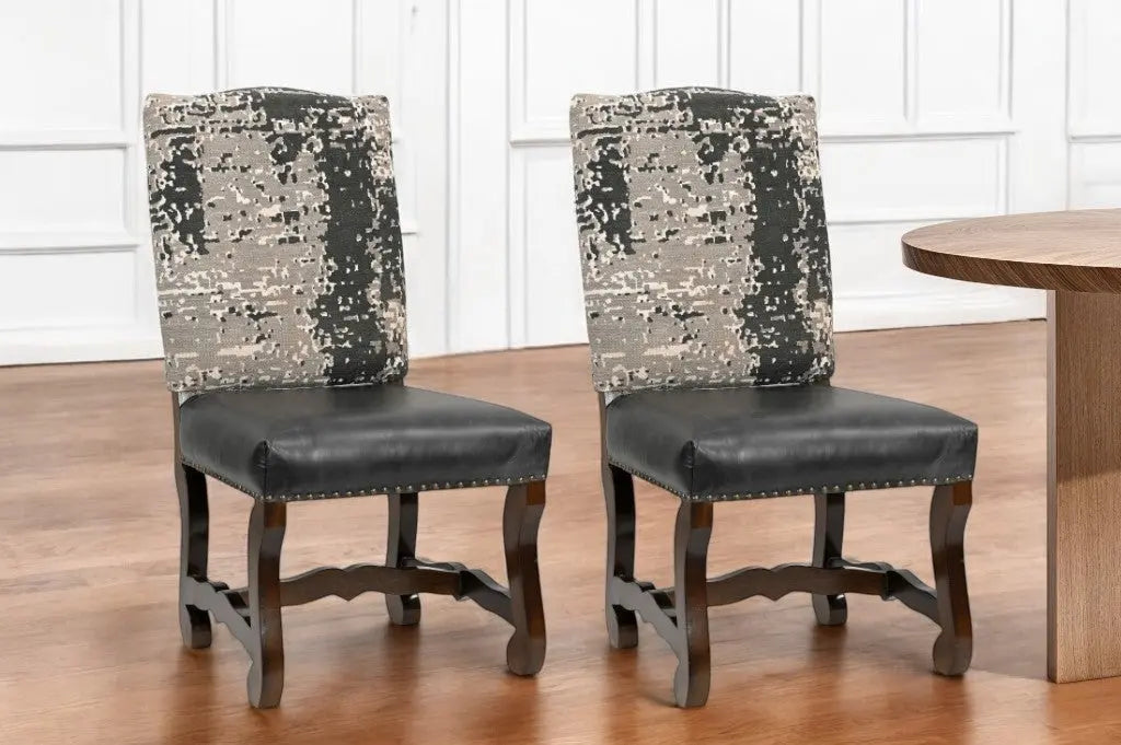 Set of Two Black Gray And Dark Brown Solid Wood Upholstered Chenille And Leather Dining Side Chairs Homeroots Kitchen & Dining