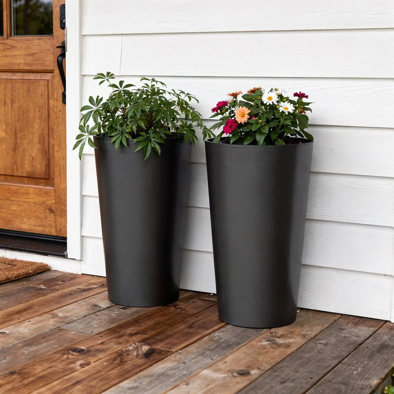 Set of Two Black Heavy Duty Plastic Cylindrical Planter Pots Homeroots Outdoor