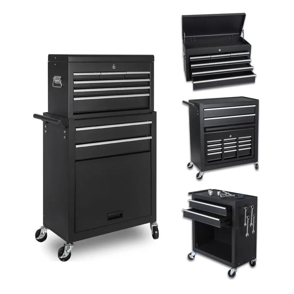 Set of Two Black Multi-Tier Steel Rolling Cabinet With Lid - GreatEagleInc