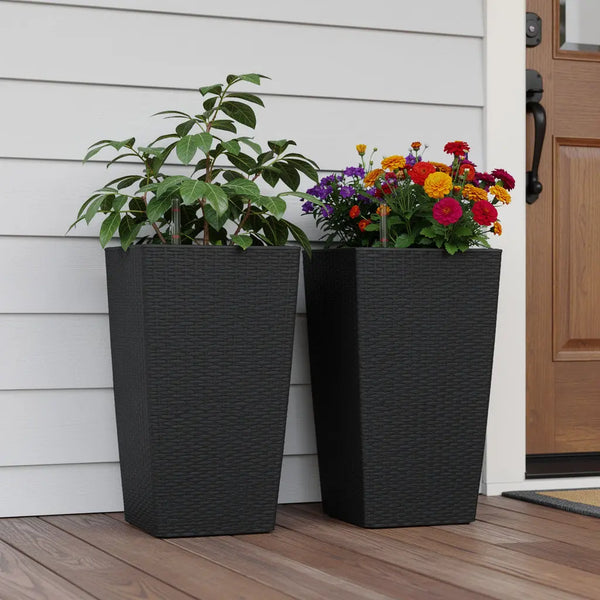 Set of Two Black Recycled Plastic Round Self Watering Planter Box Homeroots Outdoor