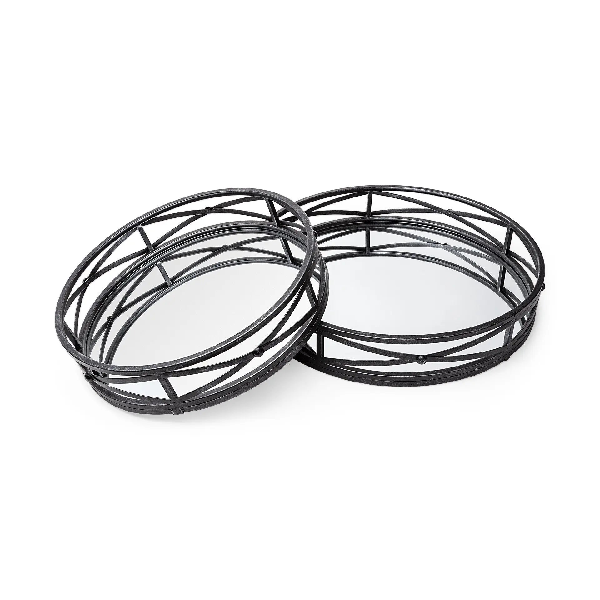Set of Two Black Round Metal And Mirrored Glass Vanity Trays Homeroots Kitchen & Dining