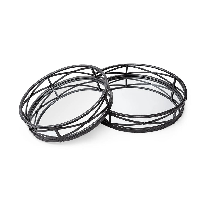 Set of Two Black Round Metal And Mirrored Glass Vanity Trays Homeroots Kitchen & Dining