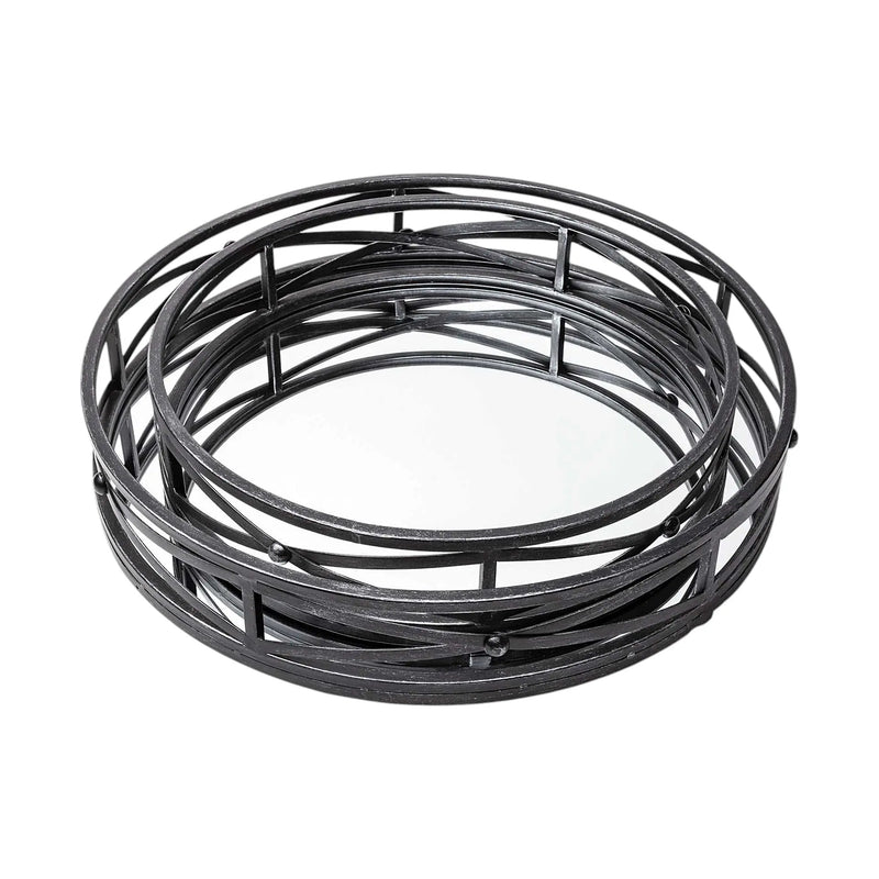 Set of Two Black Round Metal And Mirrored Glass Vanity Trays Homeroots Kitchen & Dining