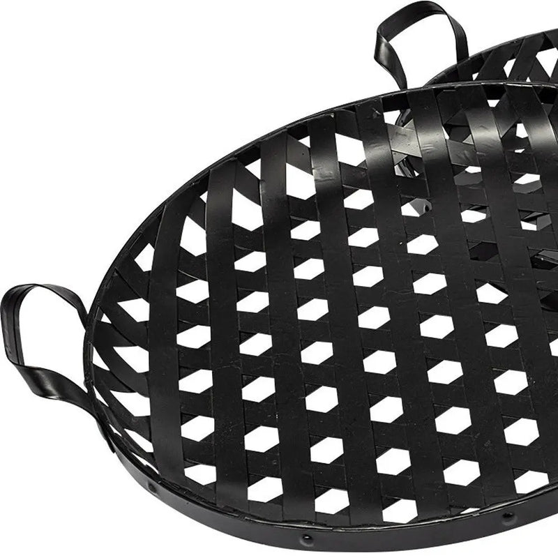 Black metal woven tray with handles, perfect for serving or decorative use, featuring a stylish lattice design.