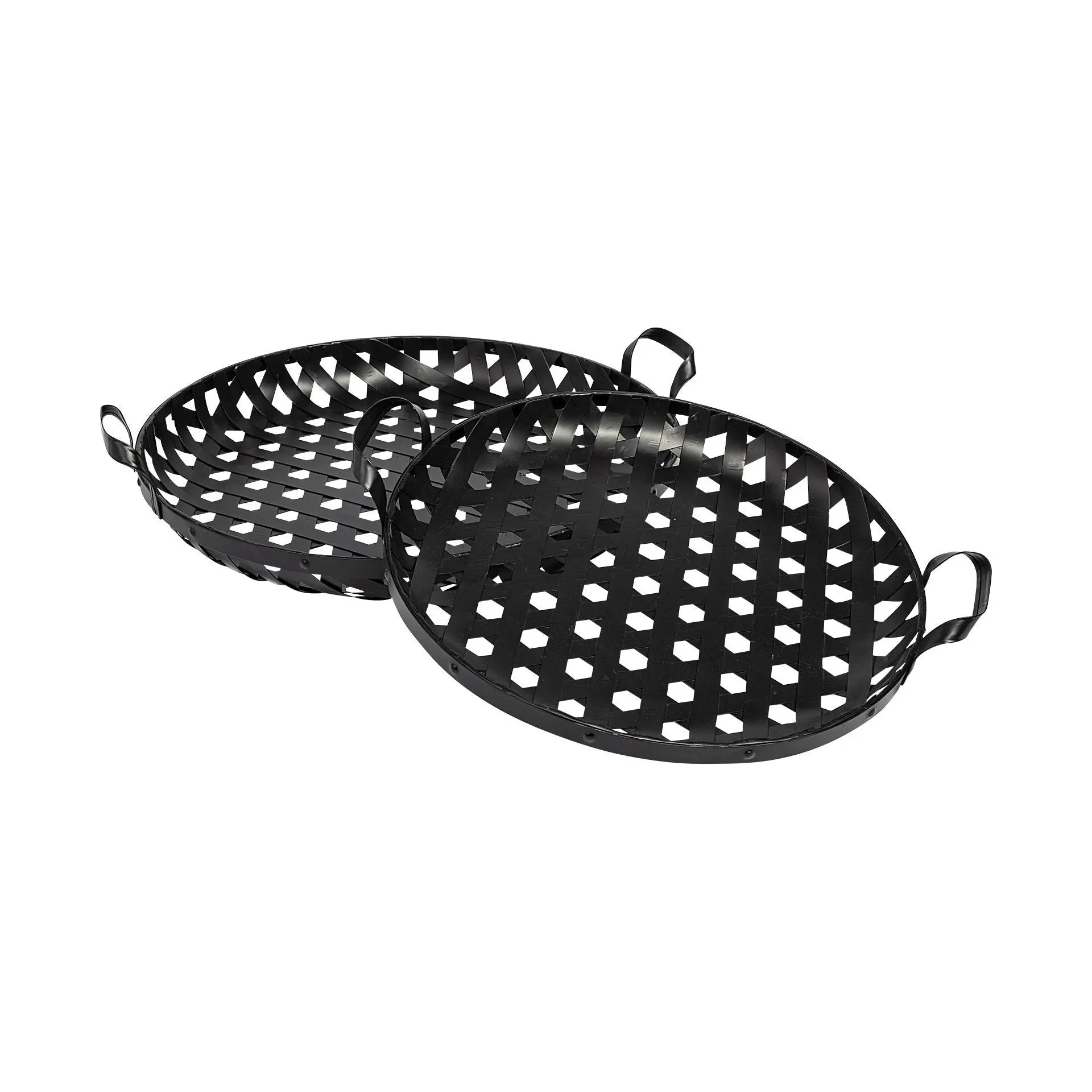 Black metal grilling baskets, round with perforated design, perfect for barbecuing vegetables or small items. Set of two.