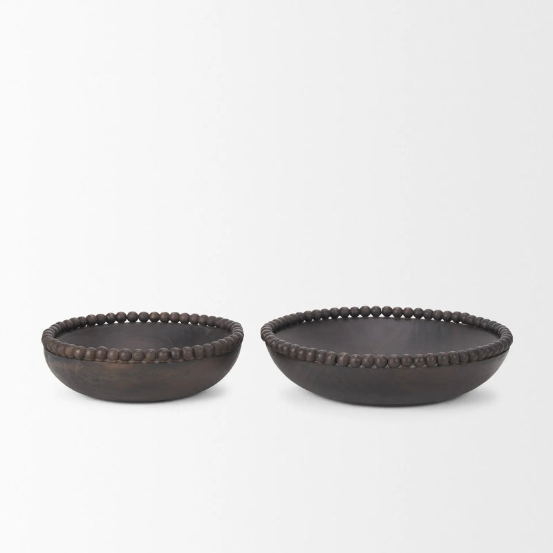 Set of Two Black Solid Wood Beaded Edge Round Centerpiece Bowls Homeroots Kitchen & Dining