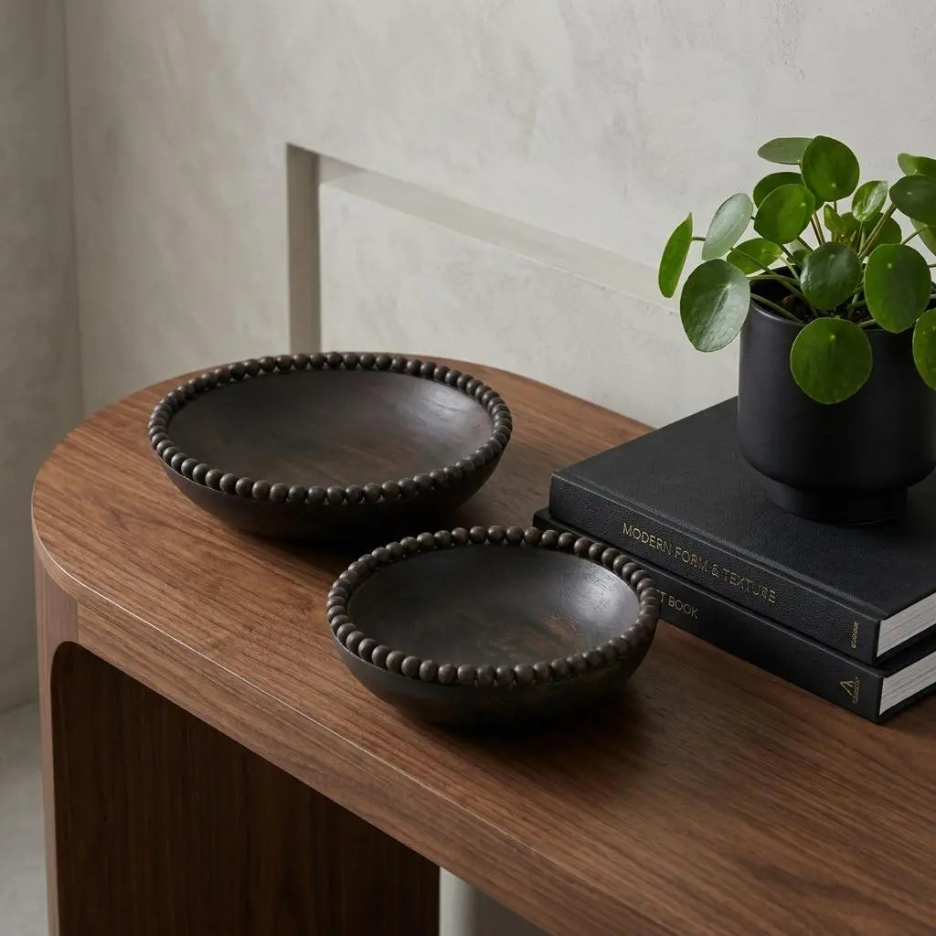 Set of Two Black Solid Wood Beaded Edge Round Centerpiece Bowls Homeroots Kitchen & Dining