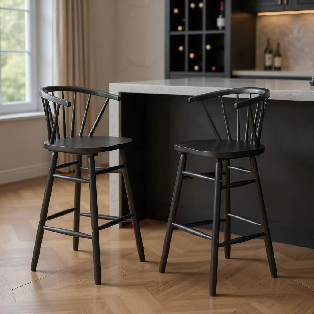 Set of Two Black Solid Wood Low Back Bar Chairs Homeroots Living Room