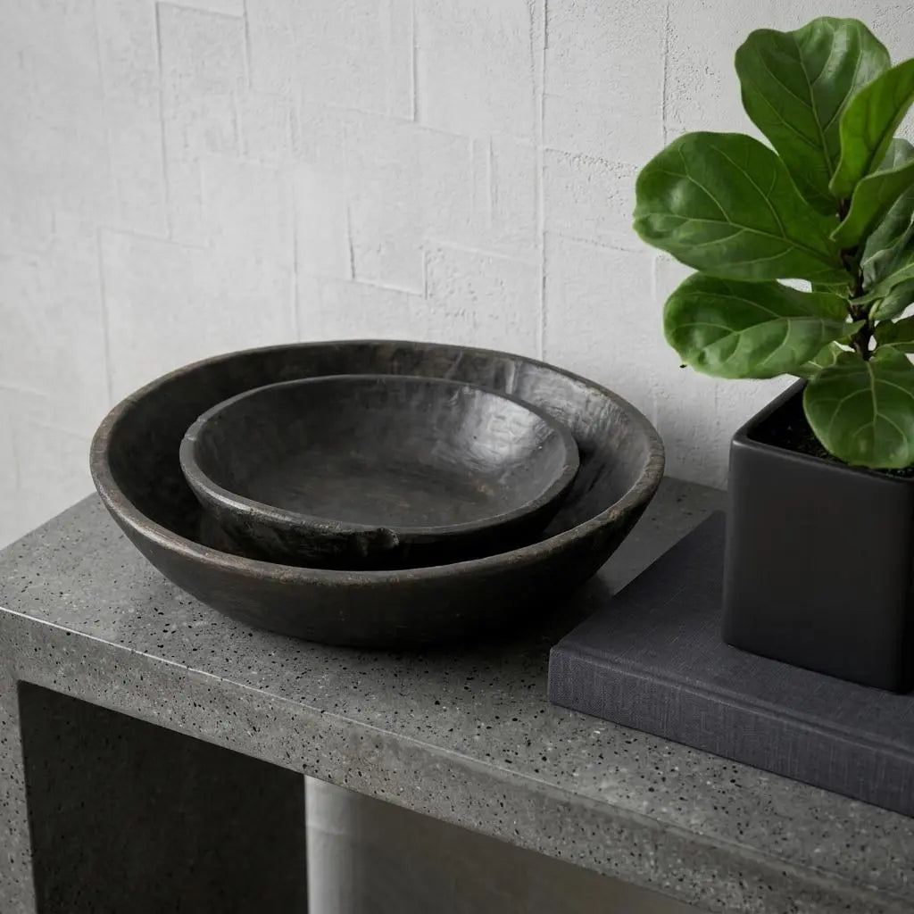 Set of Two Black Solid Wood Round Centerpiece Bowl Homeroots Kitchen & Dining