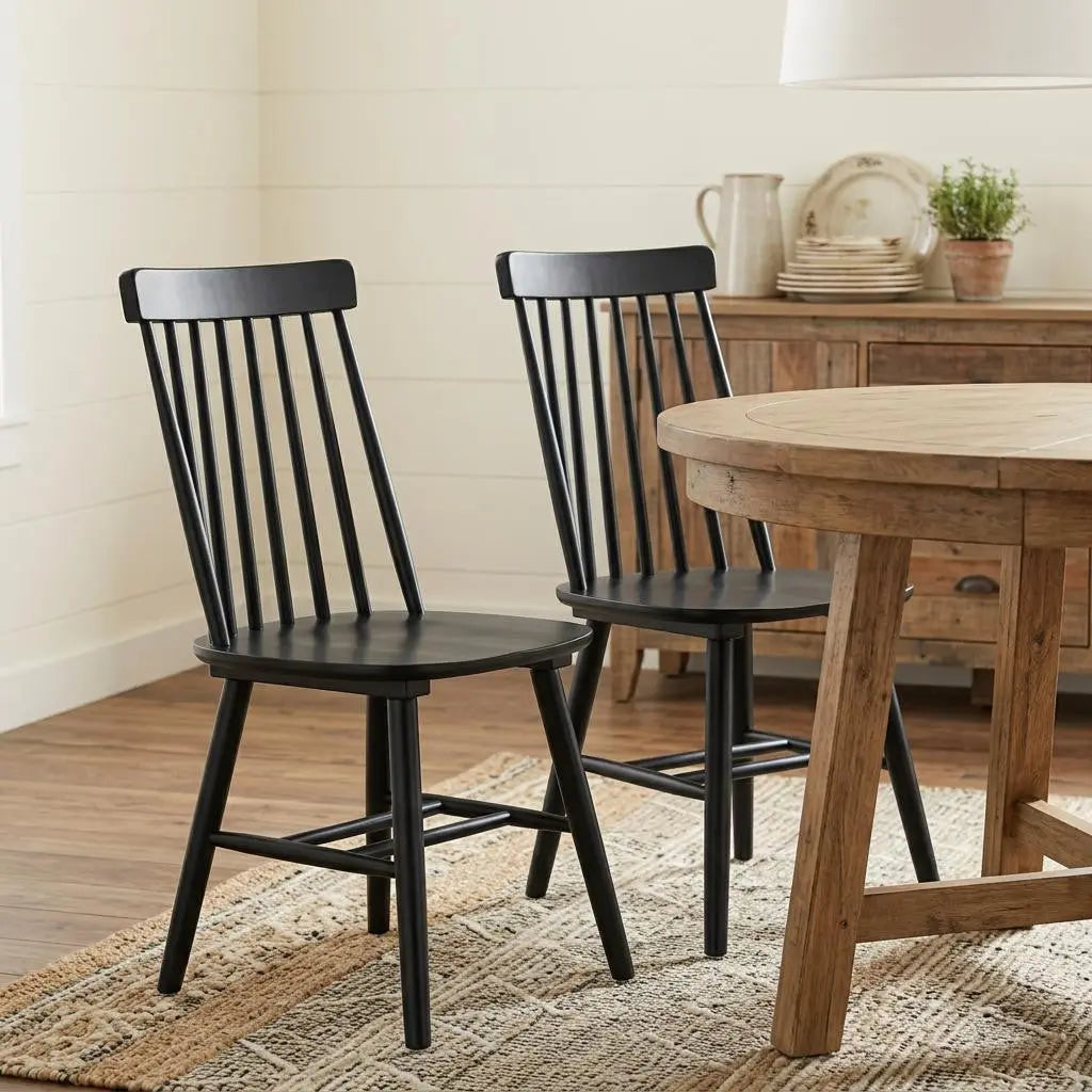 Set of Two Black Solid Wood Windsor Back Dining Side Chairs Homeroots Kitchen & Dining
