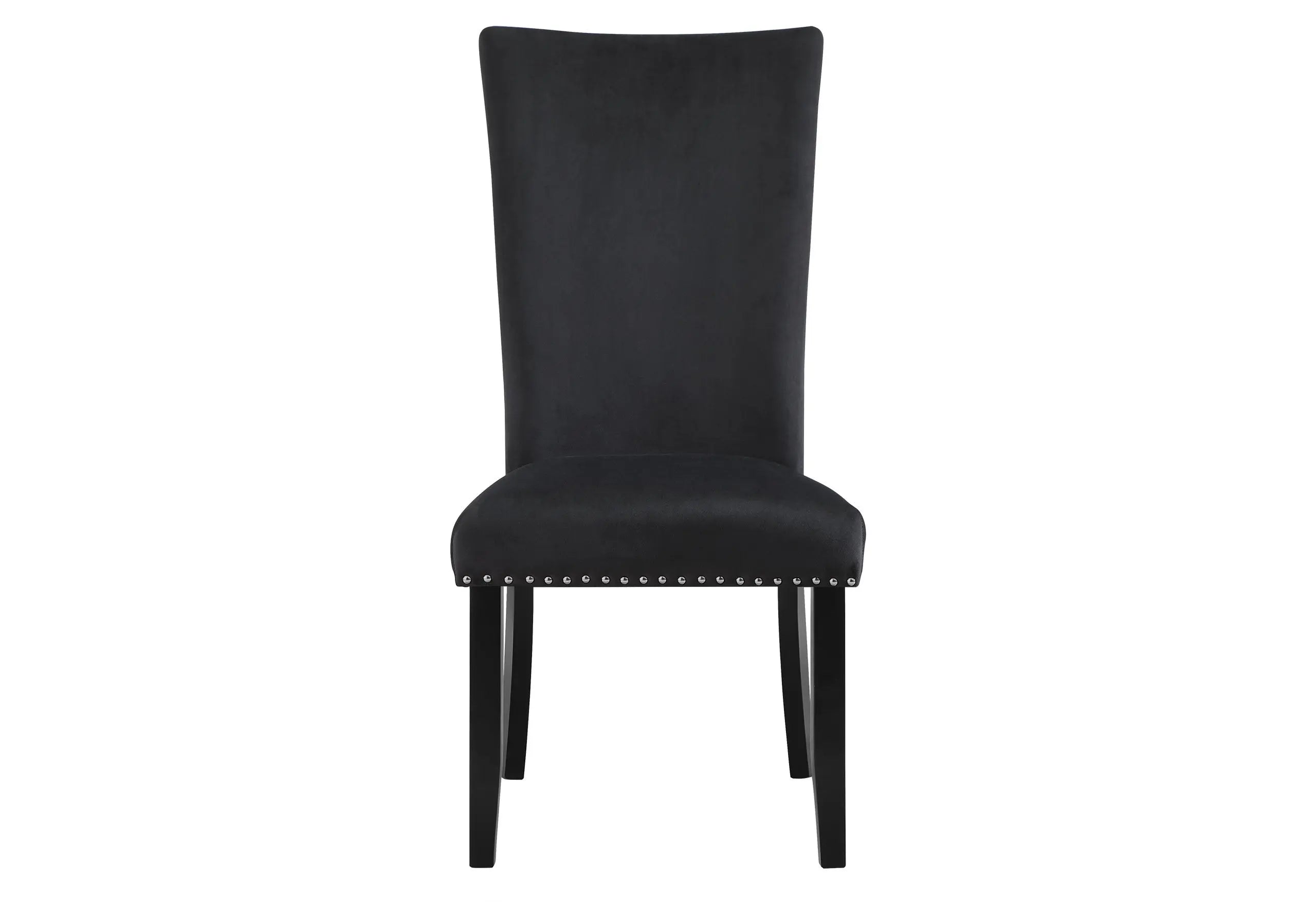Elegant black velvet dining chair with studded accents and sleek wooden legs, perfect for modern interiors.
