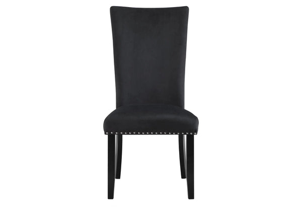 Elegant black velvet dining chair with studded accents and sleek wooden legs, perfect for modern interiors.