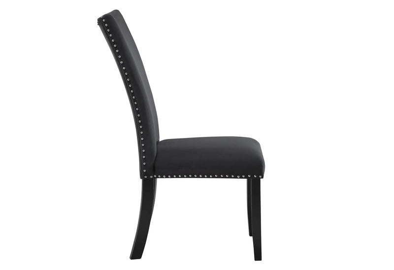 Black upholstered dining chair with polished black legs and silver nailhead trim, featuring a sleek, modern design.