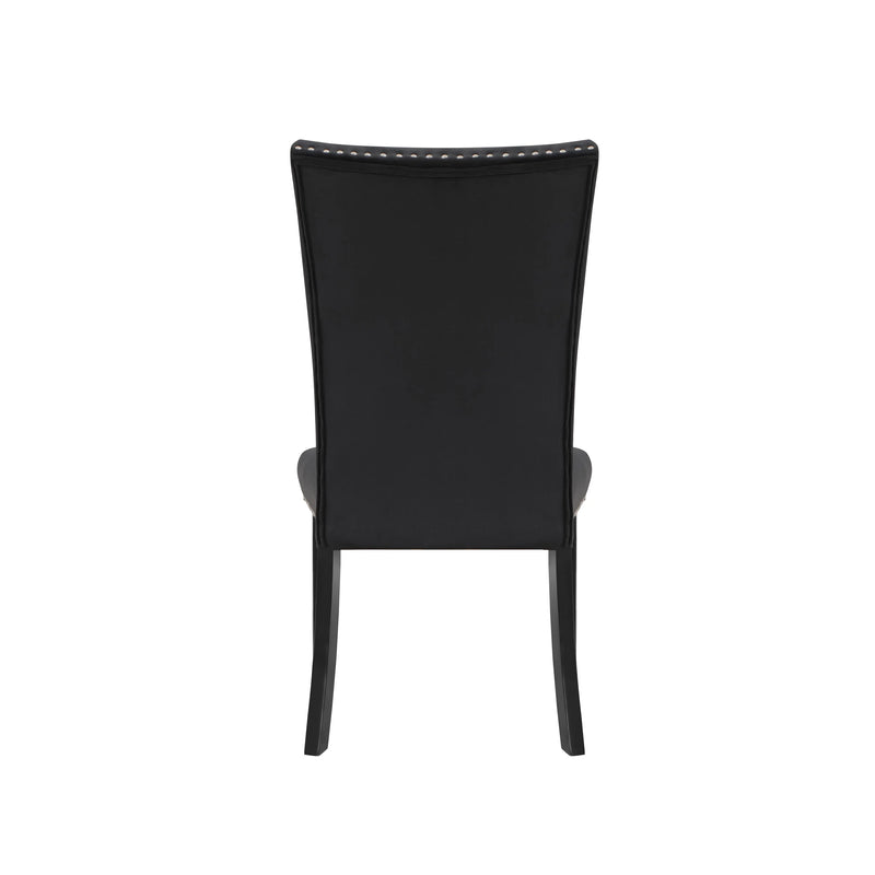 Black upholstered dining chair with nailhead trim and sturdy black wood legs. Elegant modern design for dining rooms.