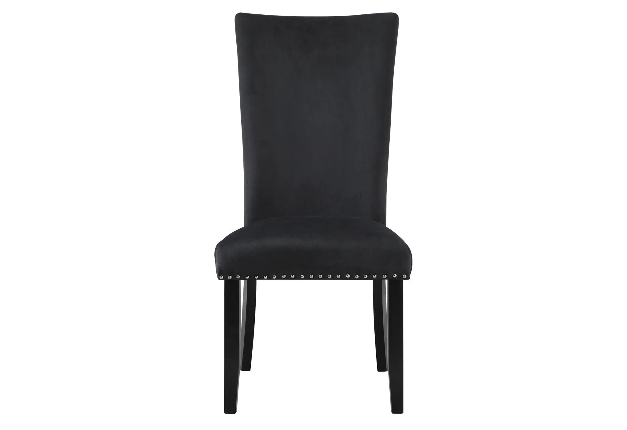 Elegant black velvet dining chair with a high back and metal nailhead trim, perfect for modern decor.