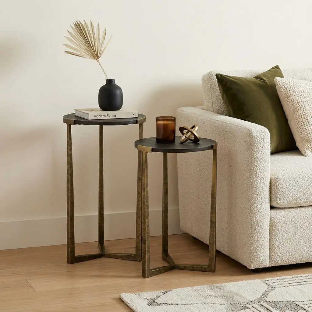 Set of Two Black and Antiqued Gold Distressed Solid Wood and Iron Round Cross Legs Nested Tables Homeroots Living Room