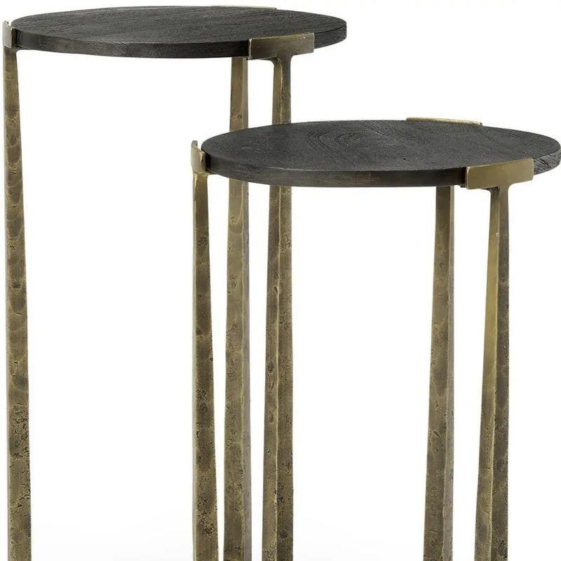Set of Two Black and Antiqued Gold Distressed Solid Wood and Iron Round Cross Legs Nested Tables Homeroots Living Room