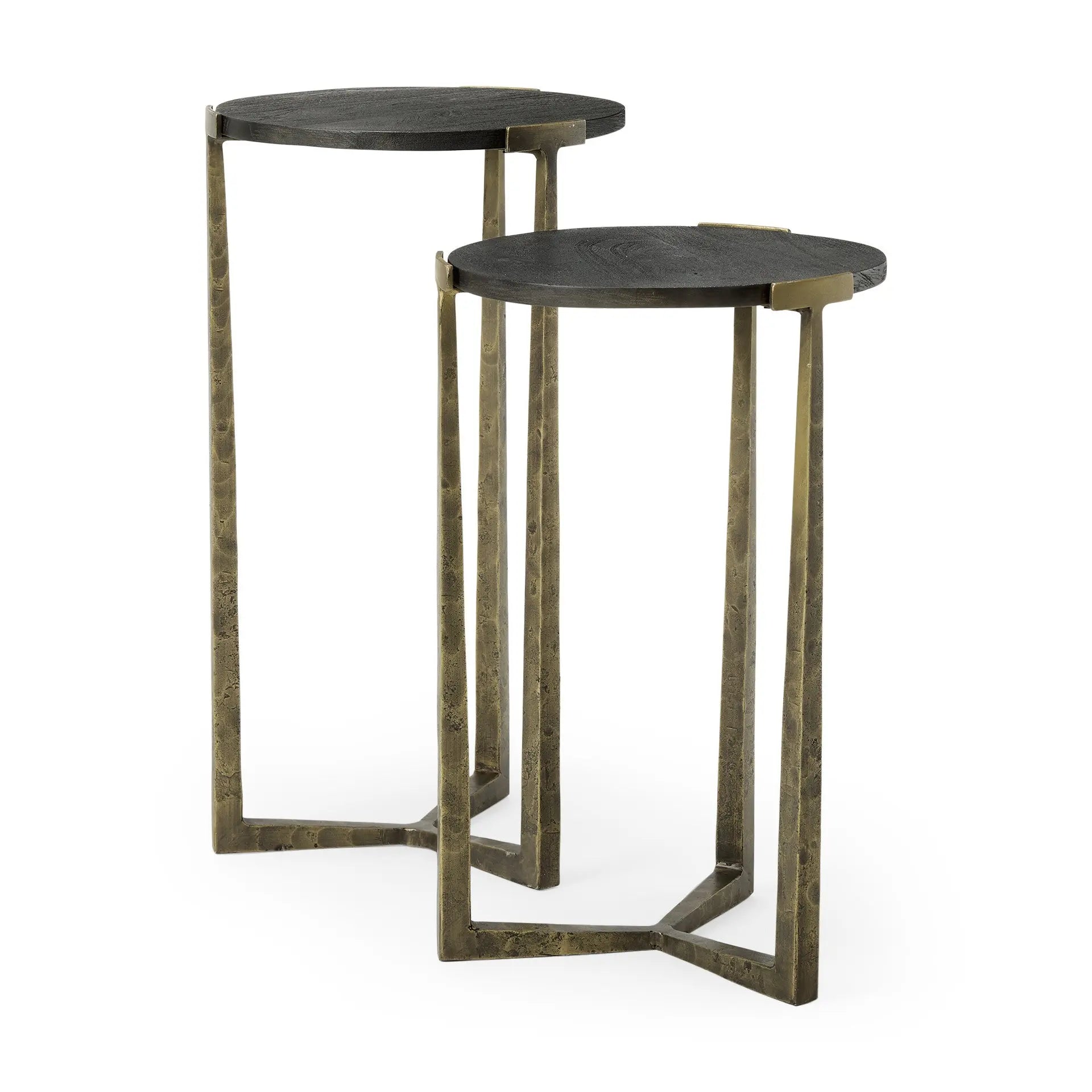 Set of Two Black and Antiqued Gold Distressed Solid Wood and Iron Round Cross Legs Nested Tables Homeroots Living Room