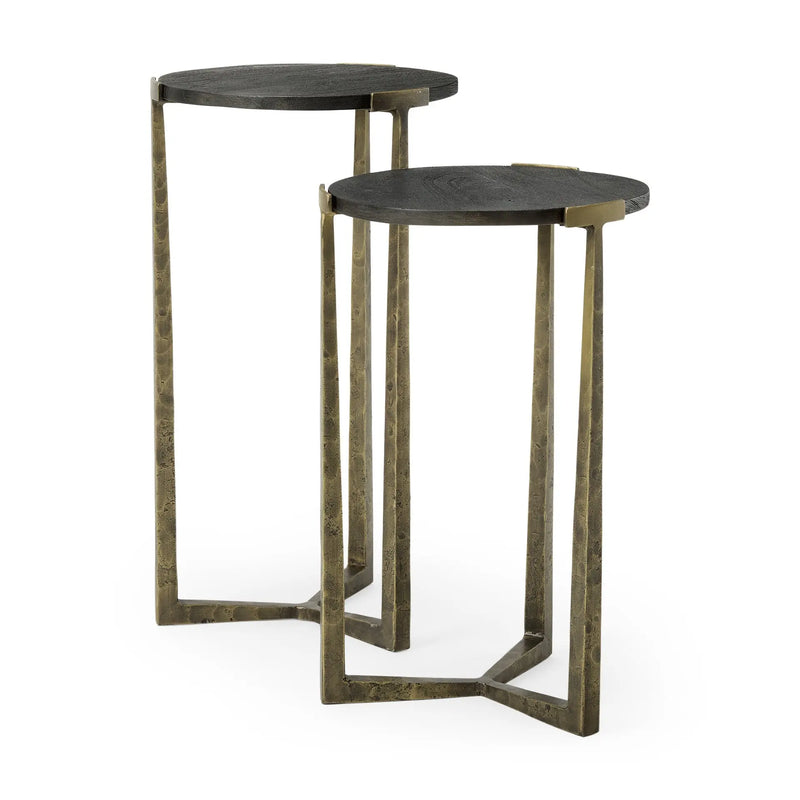 Set of Two Black and Antiqued Gold Distressed Solid Wood and Iron Round Cross Legs Nested Tables Homeroots Living Room