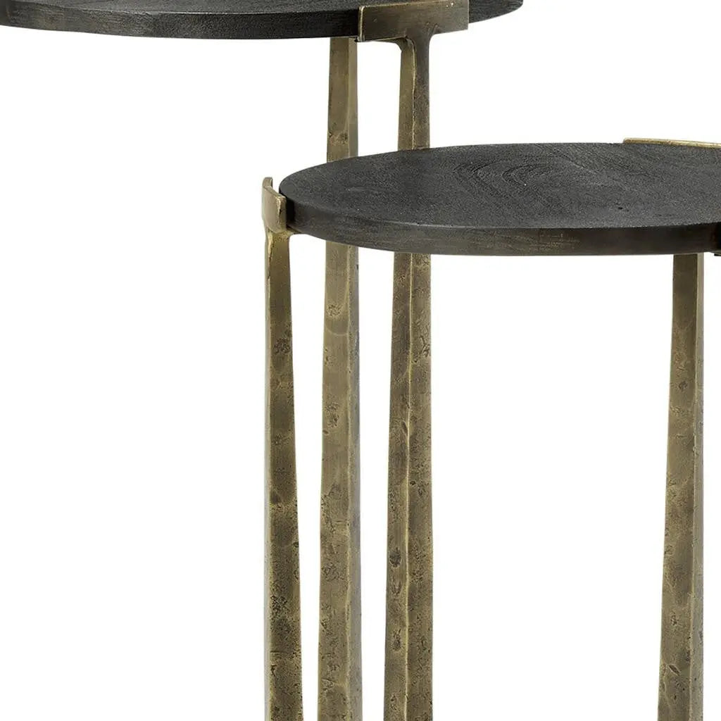Set of Two Black and Antiqued Gold Distressed Solid Wood and Iron Round Cross Legs Nested Tables Homeroots Living Room