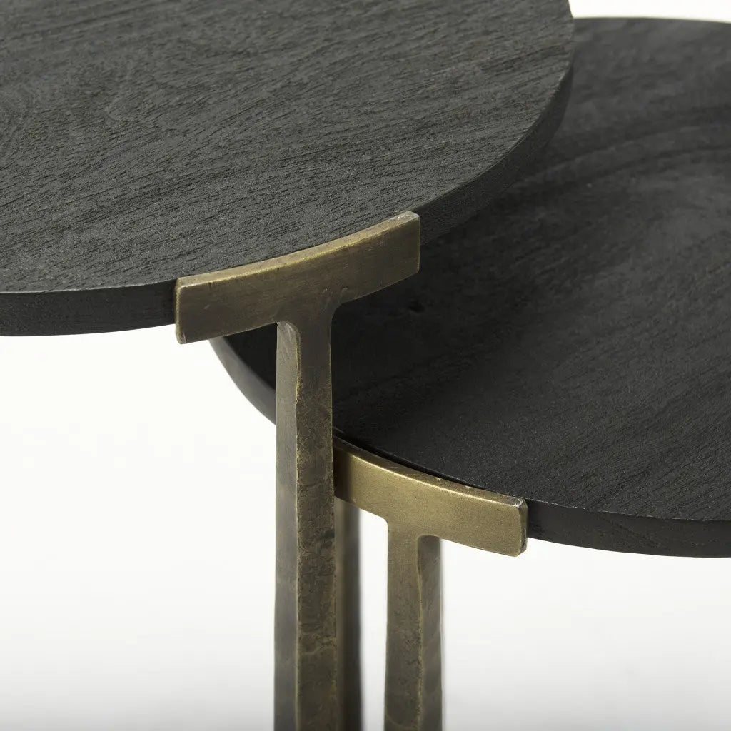 Set of Two Black and Antiqued Gold Distressed Solid Wood and Iron Round Cross Legs Nested Tables Homeroots Living Room